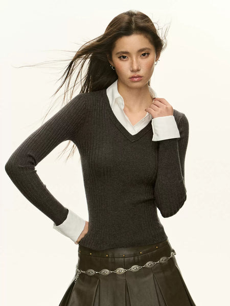 Mock Two-Piece Sweater with Buttoned Cuffs - nightcity clothing
