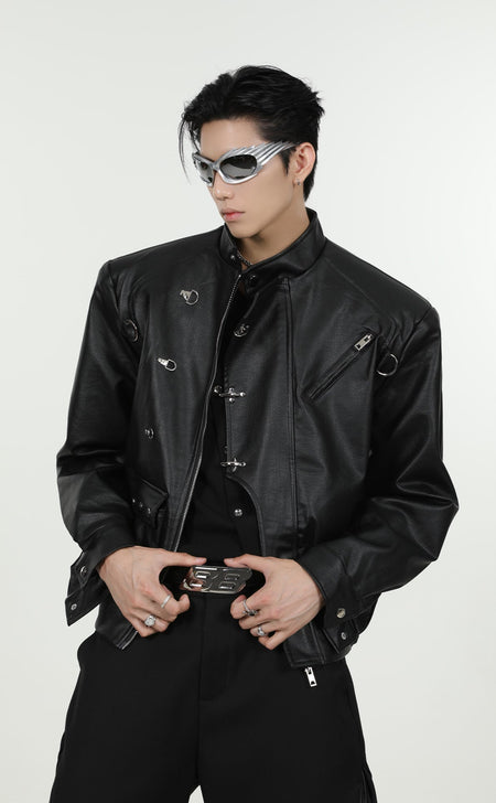 Glossy Faux Leather Zip Jacket with Metal Fireman Buckle Details