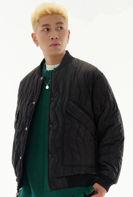 Zigzag Quilted Button Bomber Jacket