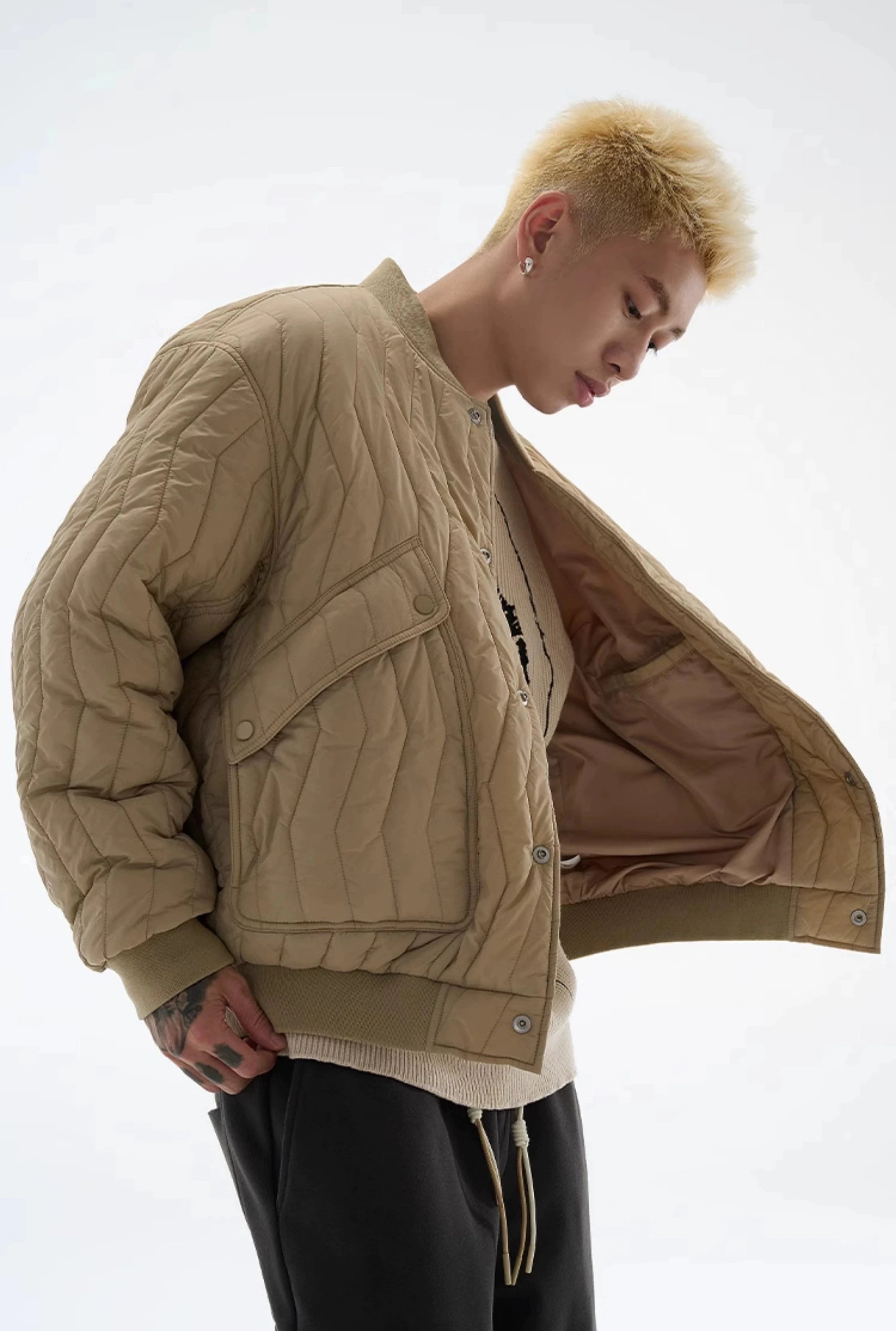 Zigzag Quilted Button Bomber Jacket