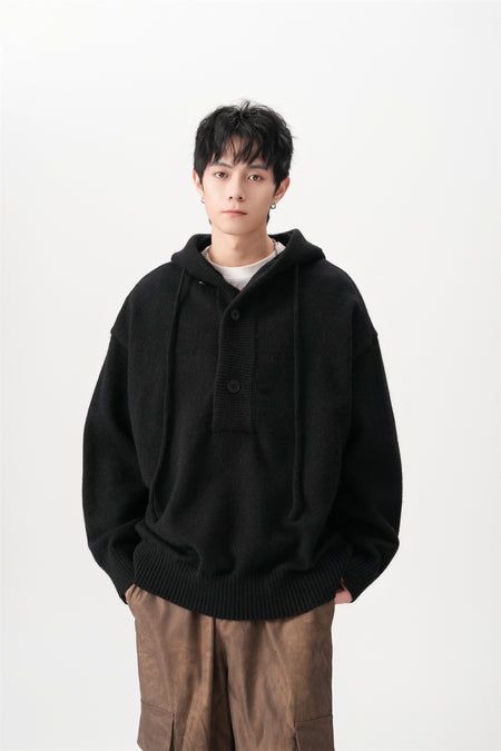 Ribbed Hem Drop Shoulder Half Button Hooded Sweater
