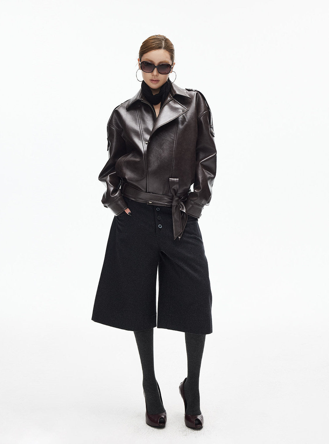 Faux Leather Asymmetric Belted Moto Jacket - nightcity clothing