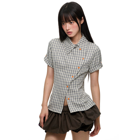 Plaid Asymmetric Button Wrap Top