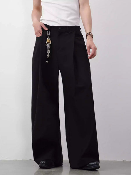 Wide Leg Single-Pleated Trousers with Tailored Waistband