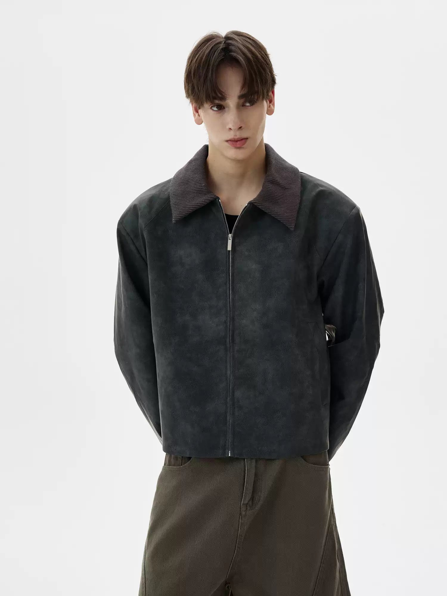 Contrast Corduroy Trim Faux Leather Zip Jacket