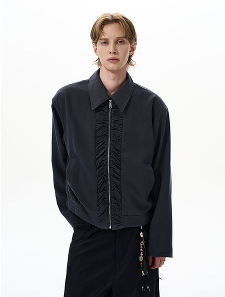 Ruched Front Panel Collared Zip Jacket