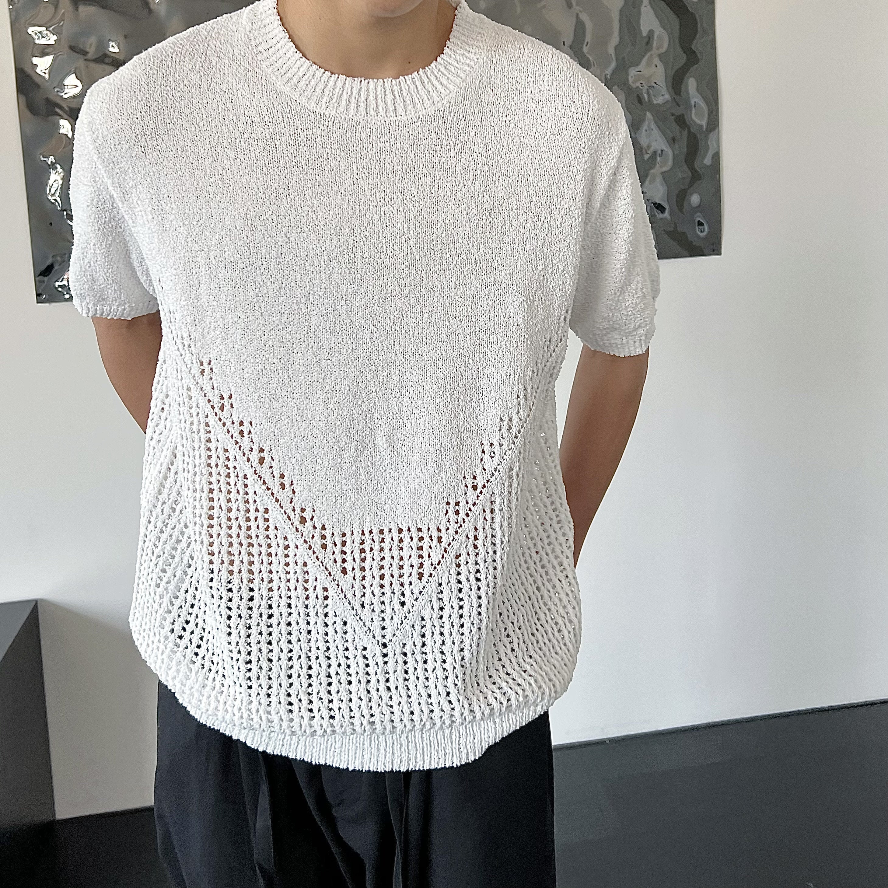 Open Knit Ribbed Hem Shirt