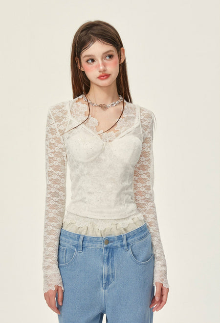 Sheer Lace Long Sleeve Blouse