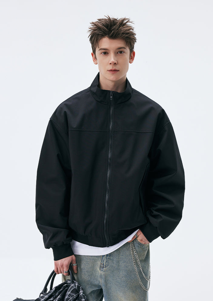 Oversized Zip-Up Bomber Jacket with Stand Collar