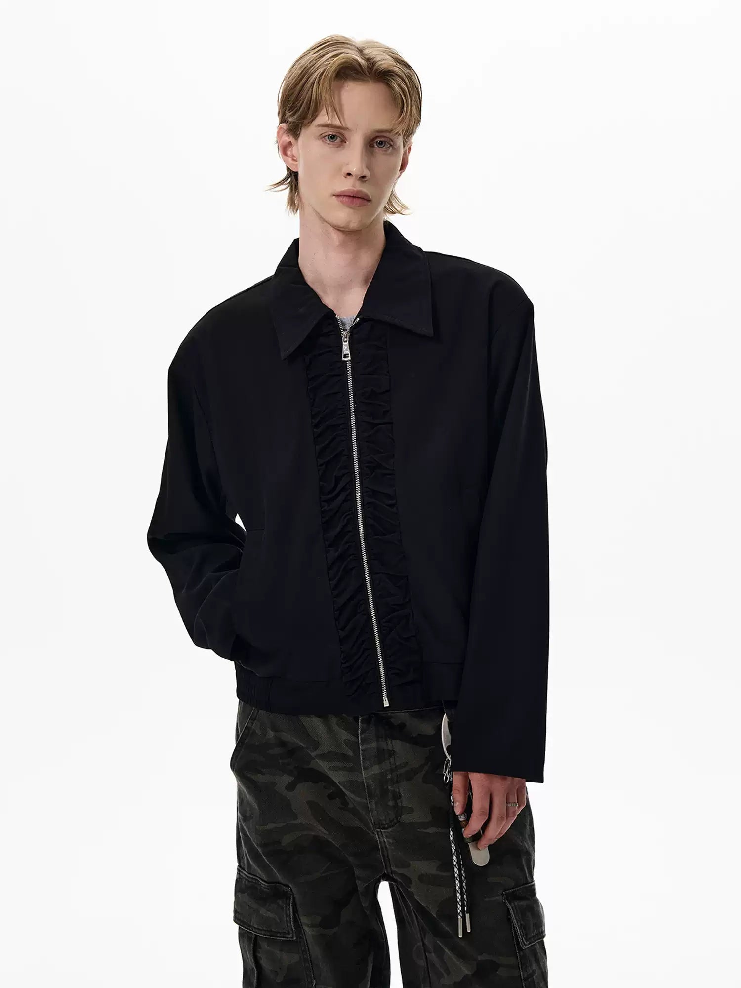 Ruched Front Panel Collared Zip Jacket