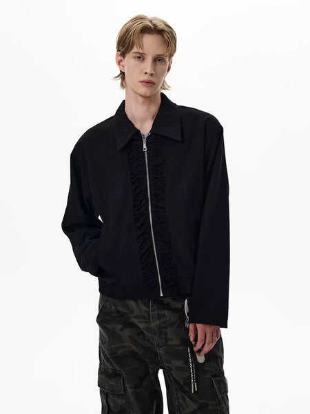 Ruched Front Panel Collared Zip Jacket