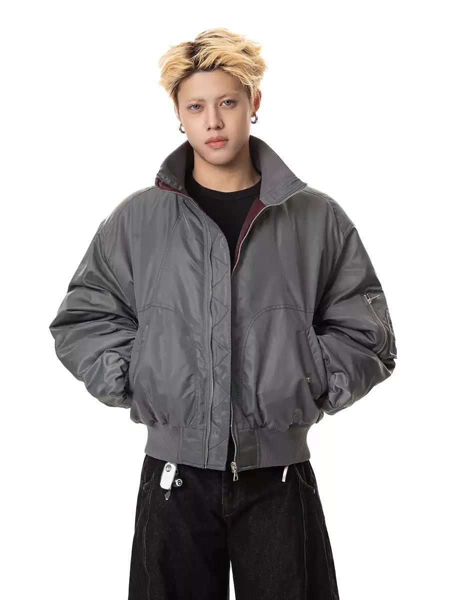Oversized High-Collar Satin-Lined Vintage Bomber Jacket
