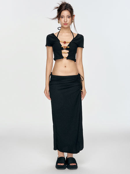 Beaded Cut-Out Bikini Top with Ruched Skirt Set