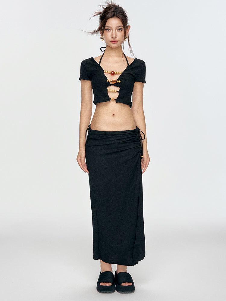 Beaded Cut-Out Bikini Top with Ruched Skirt Set