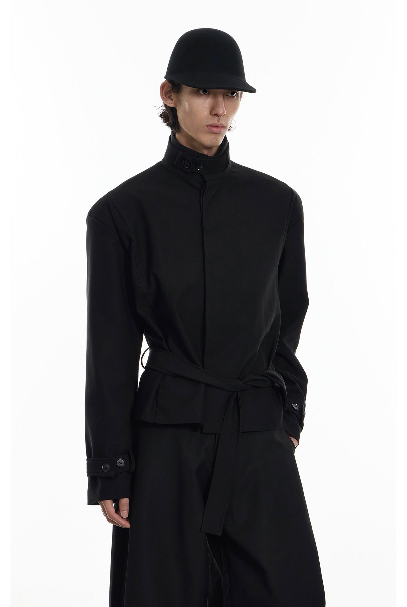 High Collar Button Cuff Belted Wrap Jacket