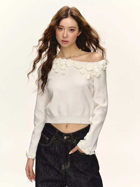 Flower Applique Trim Off Shoulder Crop Top