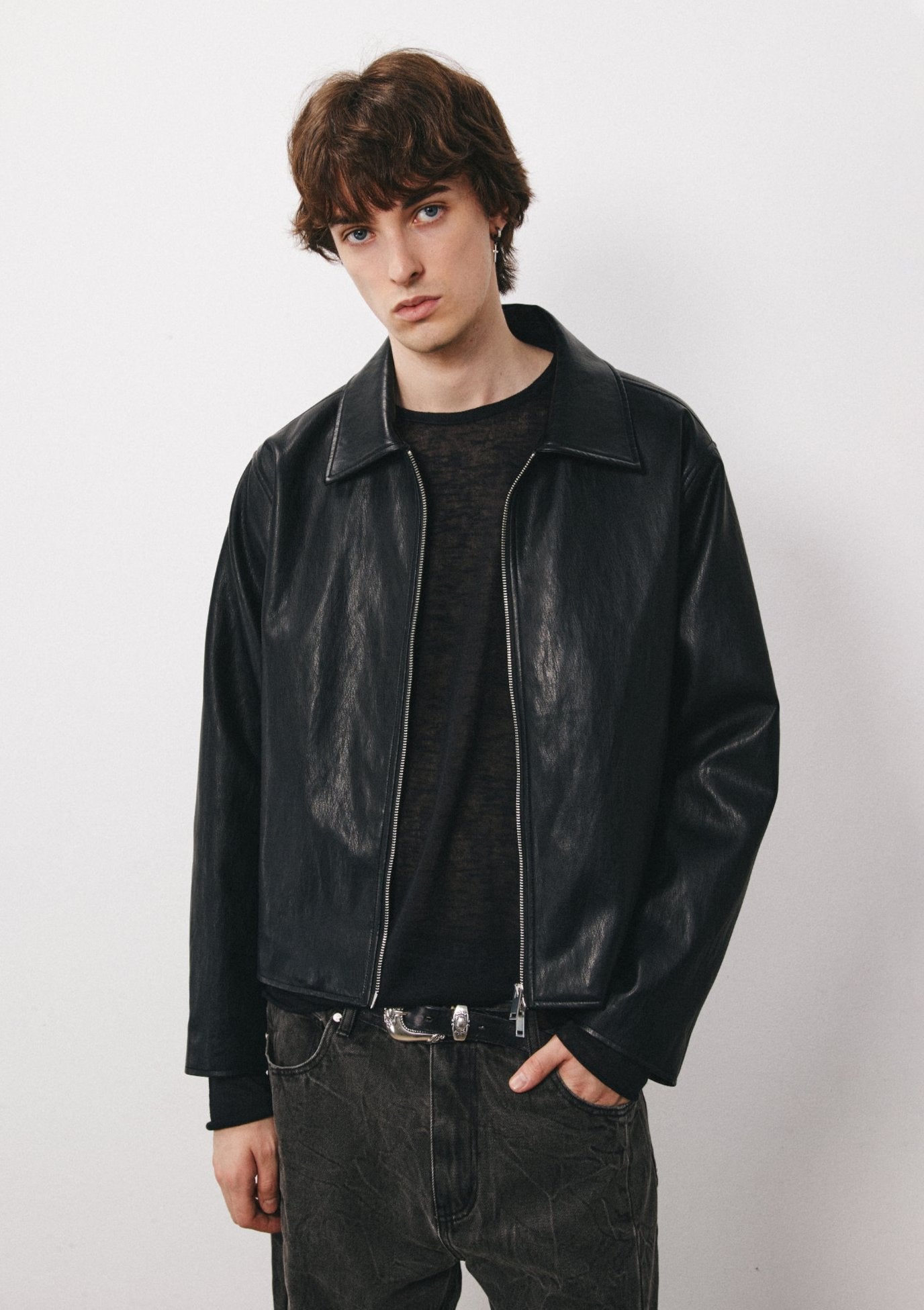 Classic Collared Faux Leather Zip Jacket