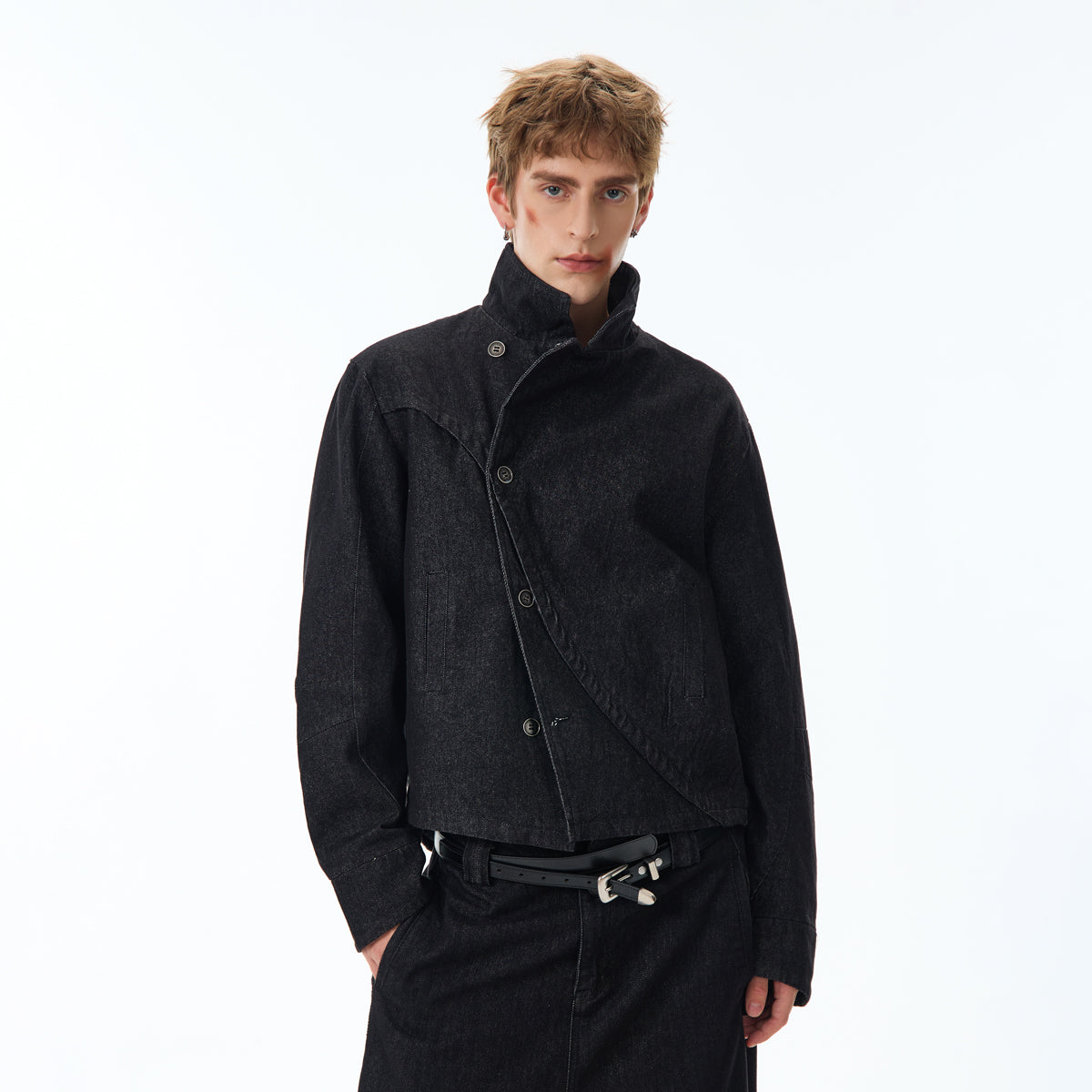 Overlap Asymmetric Button Stand Collar Denim Jacket