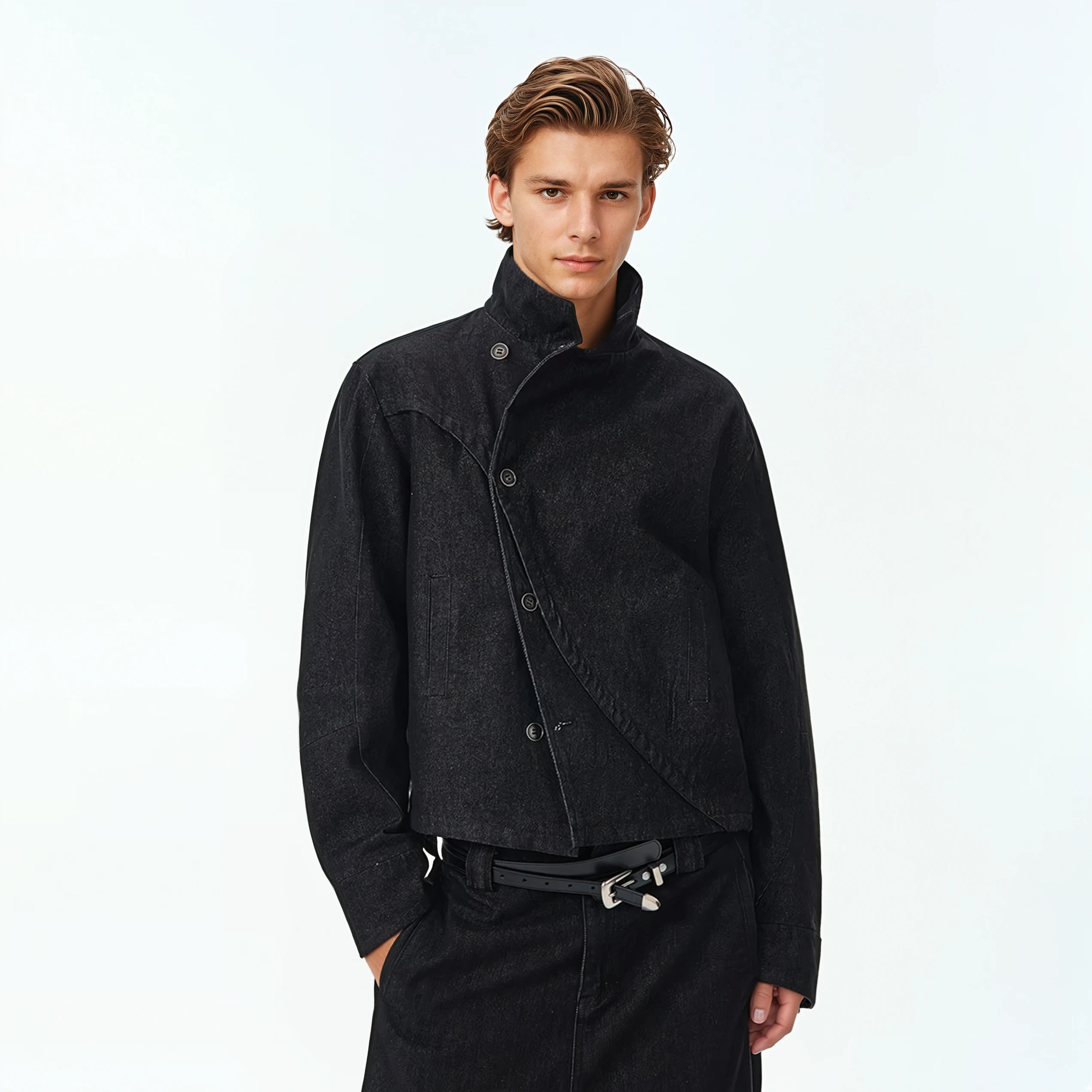 Overlap Asymmetric Button Stand Collar Denim Jacket