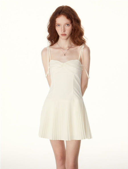 Ruched Pleated Mini Dress with String Straps