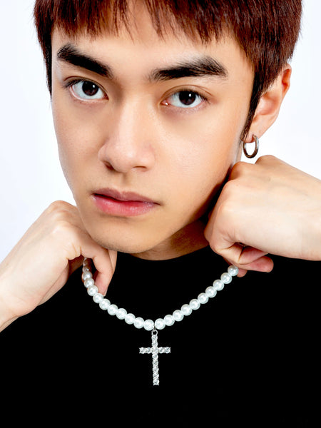 Faux Pearl Necklace with Cross Pendant - nightcity clothing