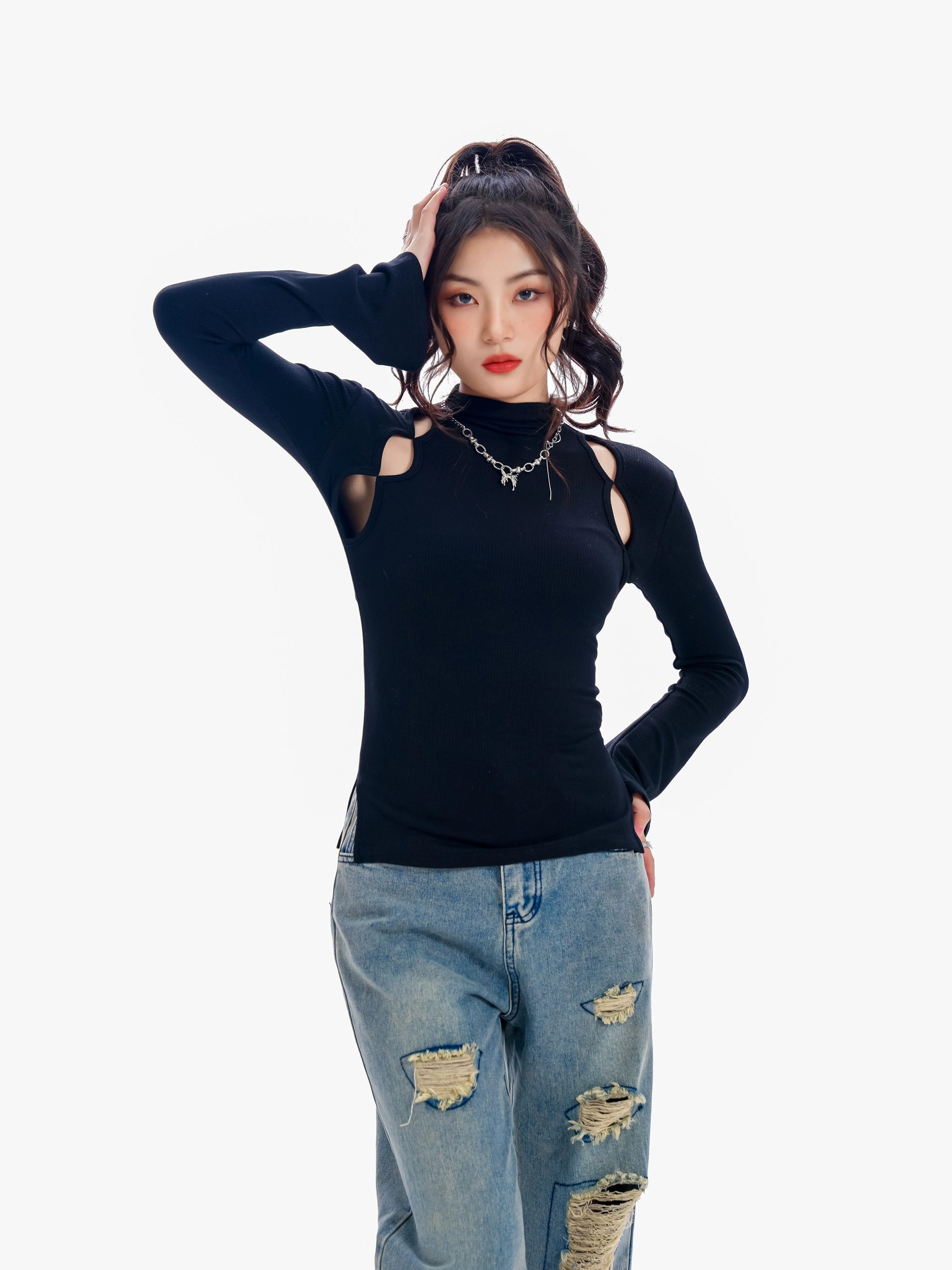 Ribbed Mock Neck Cutout Long Sleeve Top