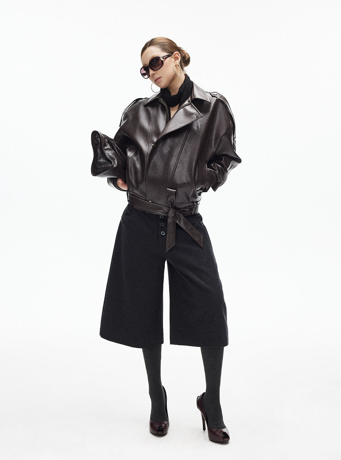 Faux Leather Asymmetric Belted Moto Jacket - nightcity clothing