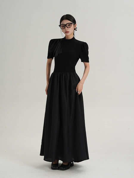 Puff Sleeve Mock Neck Maxi Dress with Bow Detail and Back Cutout