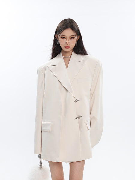 Oversized Notch Lapel Double-Breasted Blazer with Silver Accents