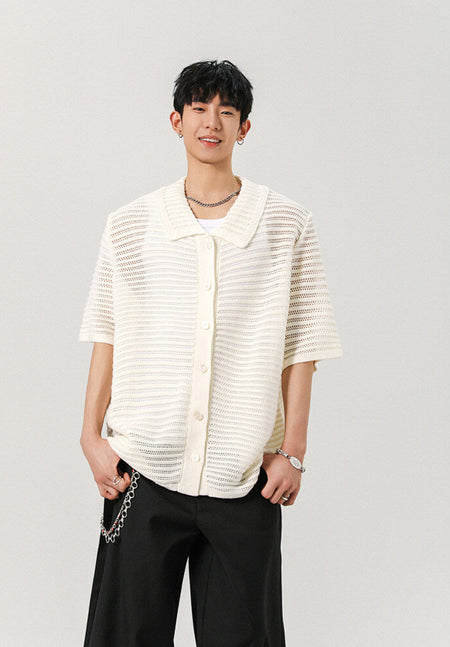 Sheer Open Knit Button-Up Short Sleeve Shirt