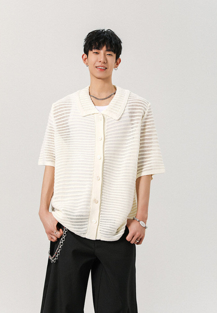 Sheer Open Knit Button-Up Short Sleeve Shirt