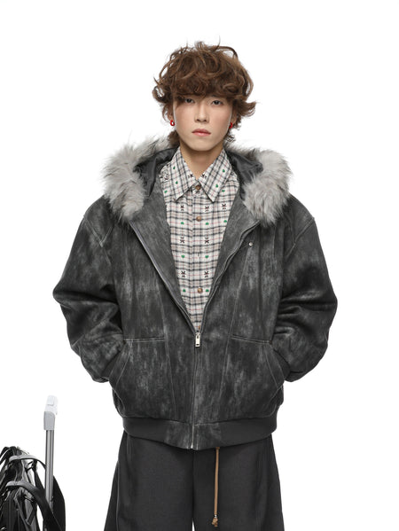 Faux Fur Hooded Faded Zip Jacket with Pockets