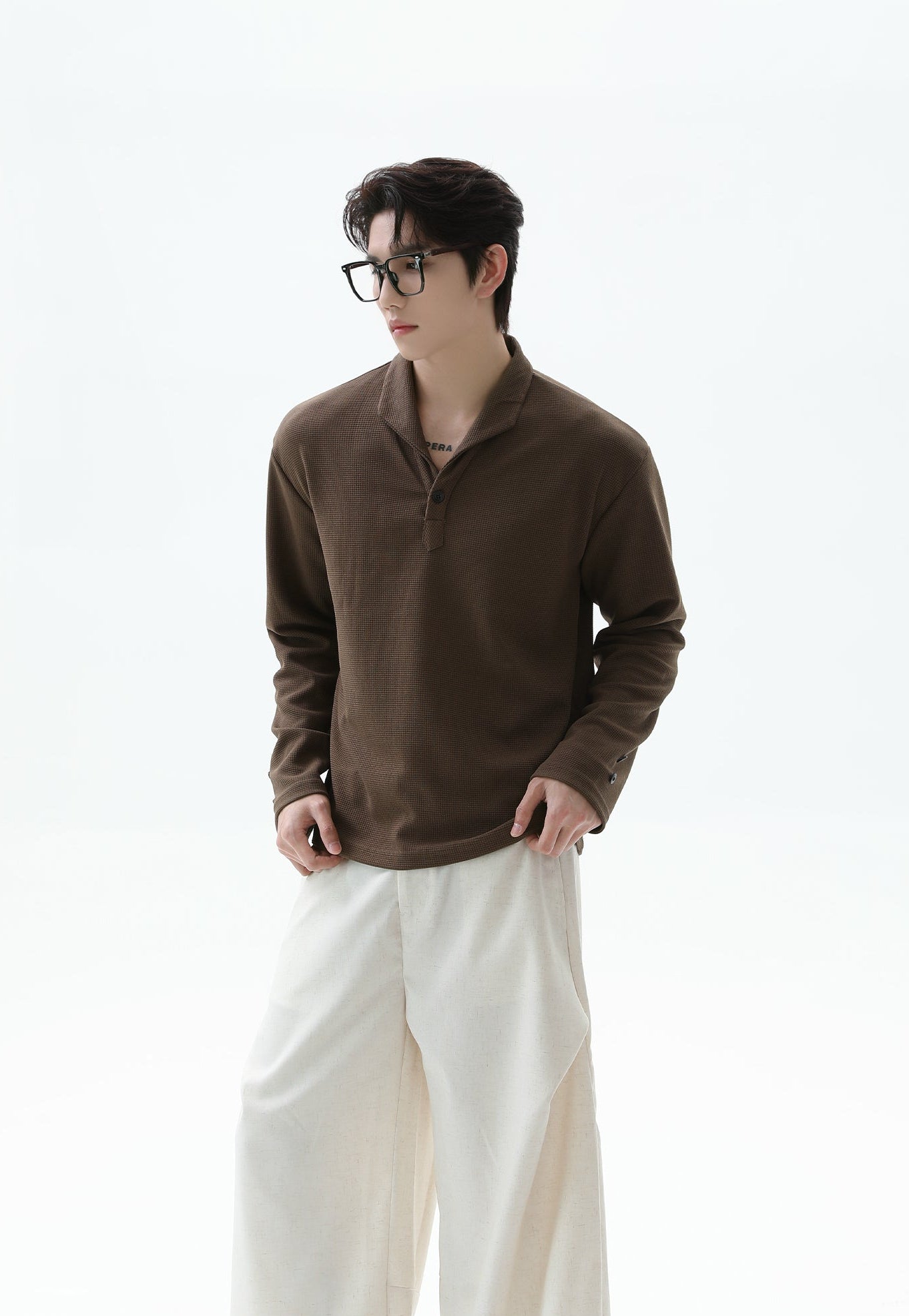 Waffle Knit Half-Button Long Sleeve Polo Top