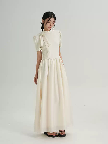 Puff Sleeve Mock Neck Maxi Dress with Bow Detail and Back Cutout