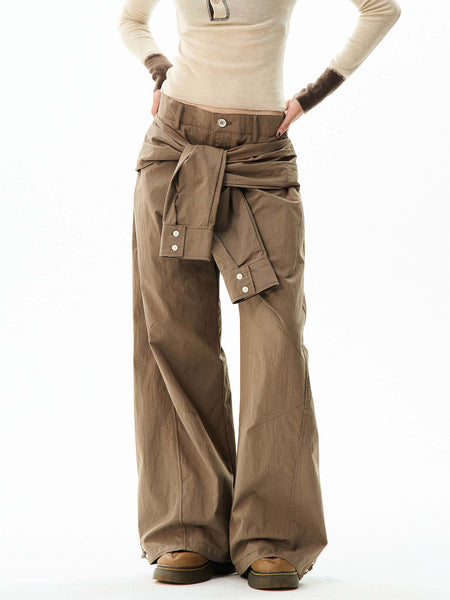 Wide-Leg Cargo Pants with Wraparound Belt Detail
