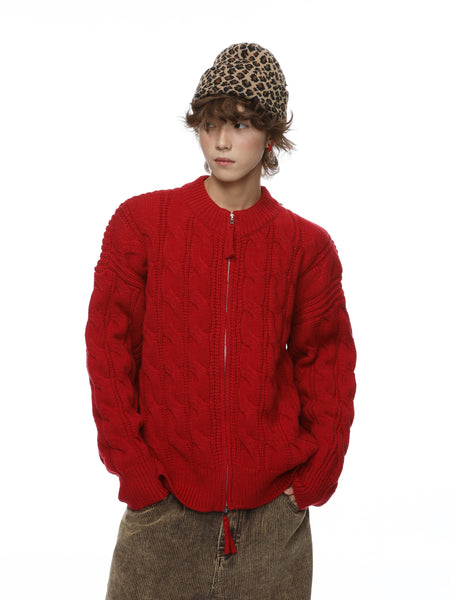 Ribbed Trim Cable Knit Sweater Jacket