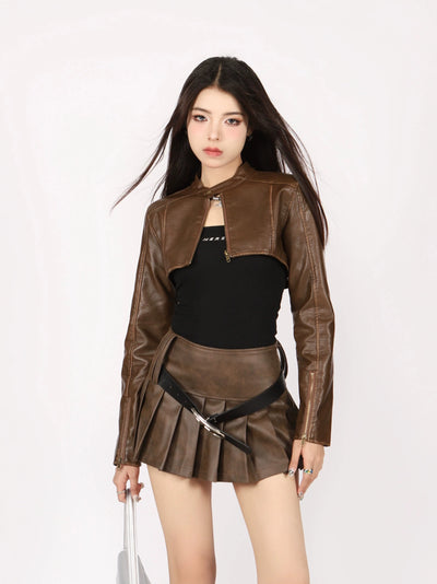 Extra-Cropped Moto Racer Jacket  and Pleated Mini Skirt Faux Leather Two-Piece Set