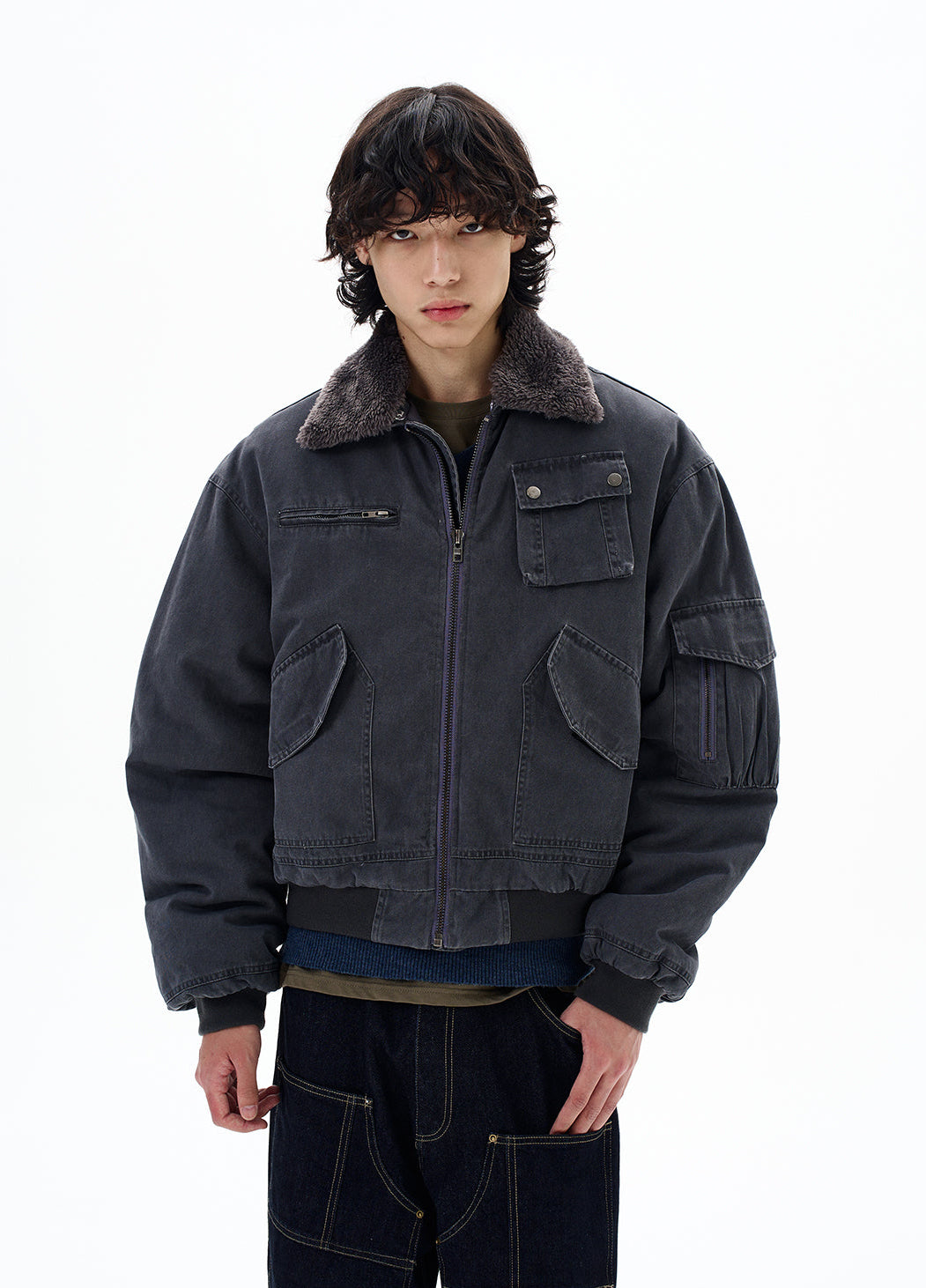Faux Shearling Collar Worker Bomber Jacket