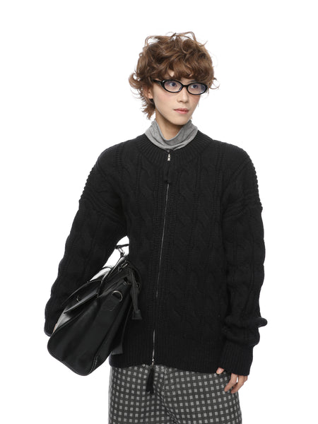 Ribbed Trim Cable Knit Sweater Jacket