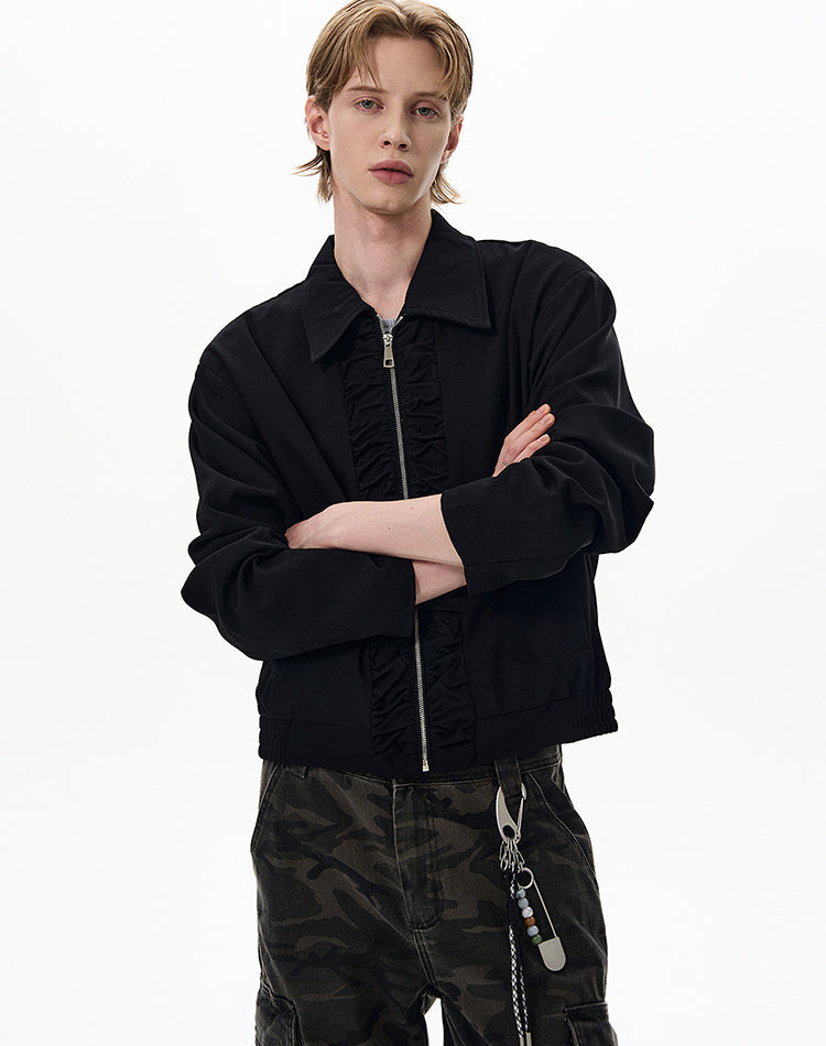 Ruched Front Panel Collared Zip Jacket