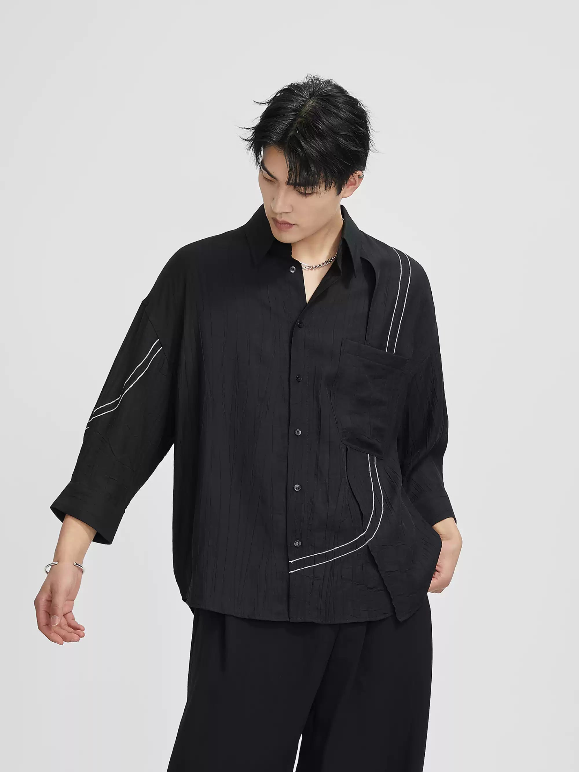 Oversized Contrast-Detail Button Shirt with Cropped Sleeves