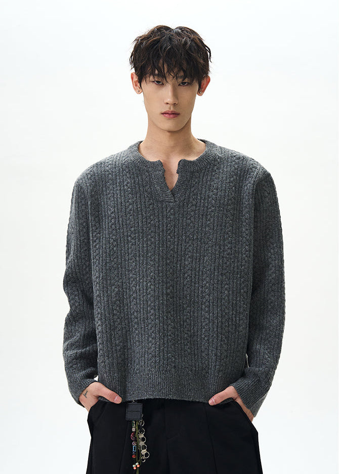 Cable Knit Notch-Neck Henley Pullover