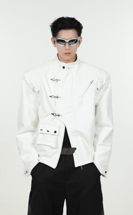 Glossy Faux Leather Zip Jacket with Metal Fireman Buckle Details