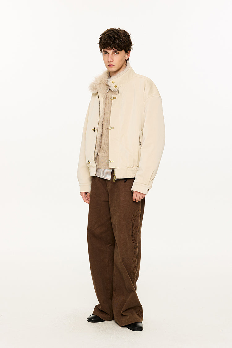 Faux Leather High Collar Fur-Lined Fireman Clasp Jacket