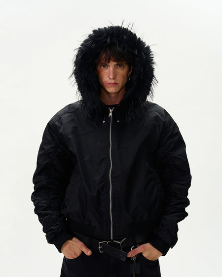 Ruched Sleeve Faux Fur Hooded Bomber Jacket
