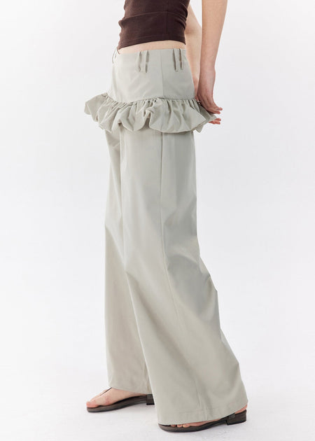 Wide Leg Trousers with Ruffle Waist Detail and Belt Loops - nightcity clothing