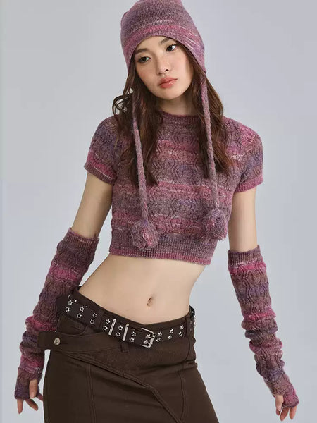 Textured Knit Cropped Sweater Top with Arm Warmer Sleeves