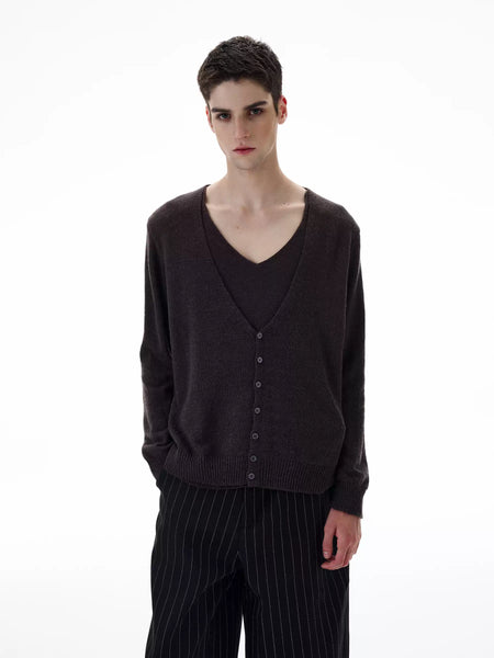 Skinny Ribbed Hem Mock Layered Button Cardigan