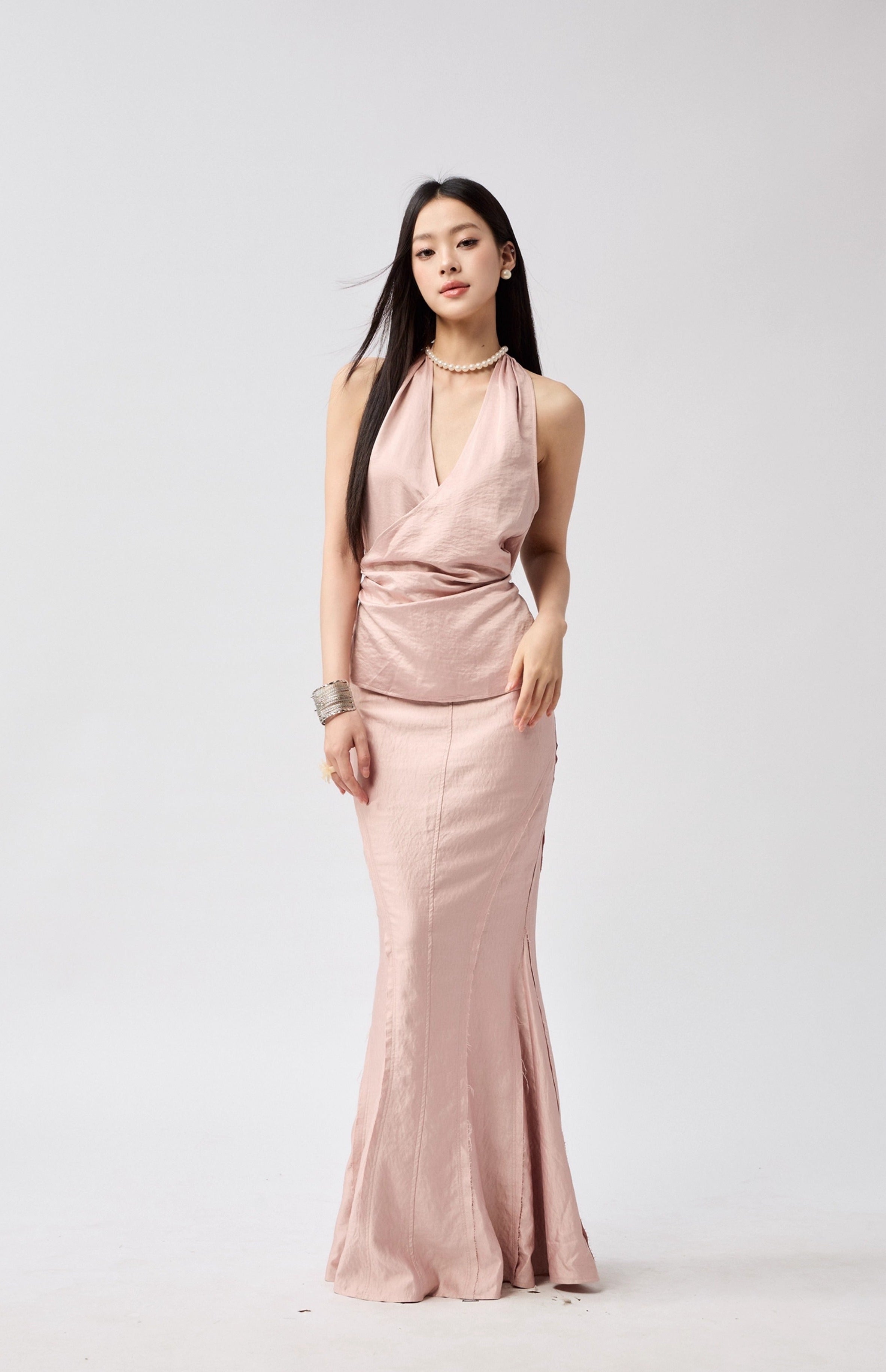 Halter Wrap Top and Fishtail Maxi Skirt Two-Piece Set