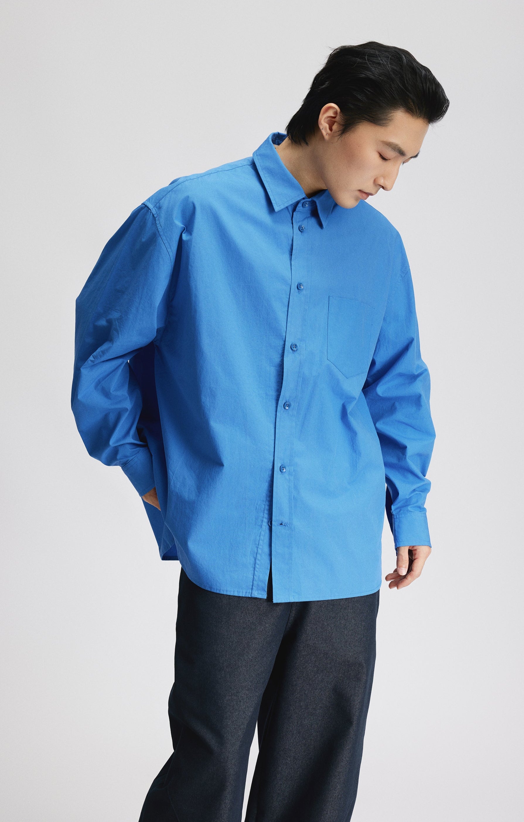 Oversized Wide-Fit Long Sleeve Button Shirt with Chest Pocket